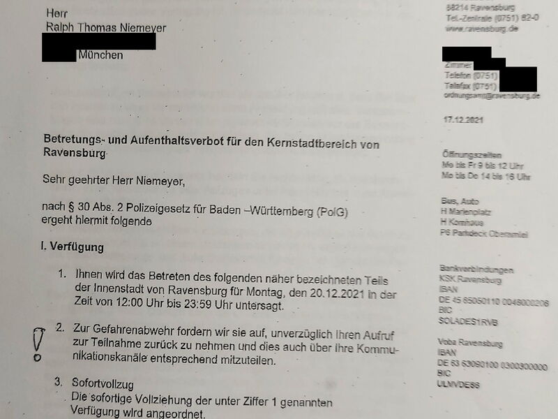 Schreiben vom 17.12.2021 der Stadt Ravensburg gegen Ralph Niemeyer.